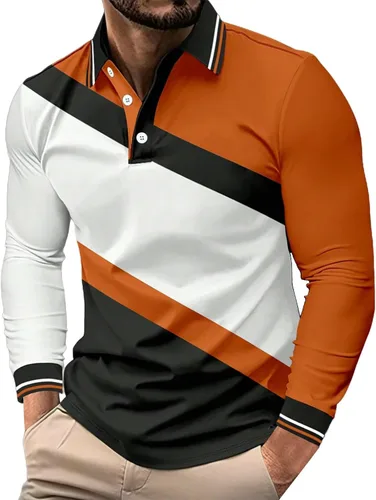 Vista 15 de Camisa polo para hombre, manga larga, cuello abotonado, bloque de color, moda para trabajo y golf