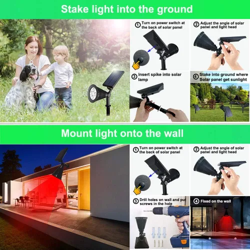 Vista 5 de Focos solares impermeables para exteriores, 4 luces LED para exteriores para patio, jardín, camino, focos de paisaje rojo y azul, luces LED solares