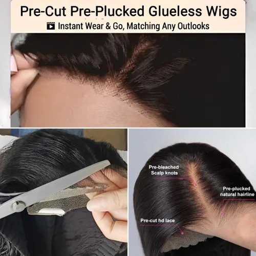 Vista 3 de Peluca Bob sin pegamento de llevar y usar cabello humano liso, 6x4 precortada con encaje HD sin pegamento, prearrancada, pelucas con cierre frontal