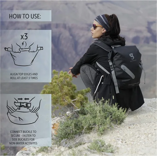 Vista 5 de geckobrands Mochila impermeable de 30 litros, bolsa seca ligera y plegable, azul marinoazul neón