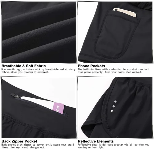 Vista 5 de Pantalones cortos para correr 2 en 1 para mujer para entrenamiento, atletismo, gimnasio, yoga cuenta con bolsillos para el teléfono.