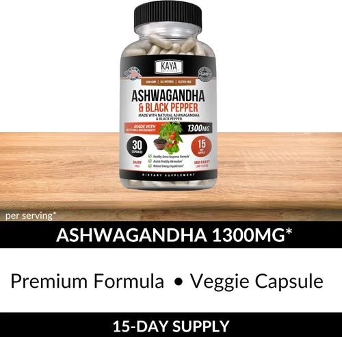 Vista 5 de Kaya Naturals Raíz de Ashwagandha con pimienta negra Suplemento adaptógeno de máxima fuerza de 1300 mg, ayuda a la salud suprarrenal, glandular