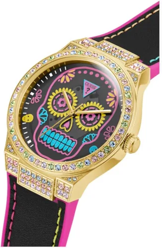 Vista 5 de GUESS US - Reloj analógico de calavera de cuero múltiple para mujer negro Black Snakeskin