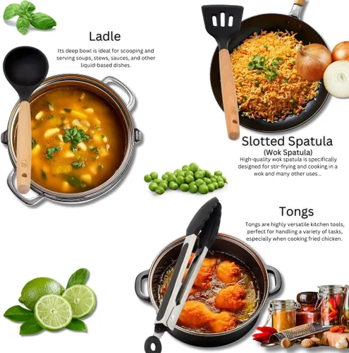 Vista 2 de Juego de utensilios de cocina de 14 piezas, con asas de madera, incluye espátula, batidor, cuchara ranurada, resistente al calor de 446 °F