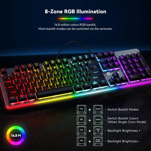 Vista 2 de Teclado para juegos con cable retroiluminado RGB, 104 teclas, iluminación RGB de 8 zonas, cubierta superior de metal, teclado macro programable