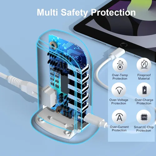 Vista 5 de Estación de carga para múltiples dispositivos Upoy, torre de hub USB multi con 5 USB+1 puertos tipo C, bloque de cargador USB C de carga rápida