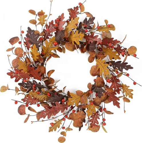 Vista 10 de YNYLCHMX - Corona de otoño de 20 pulgadas para puerta delantera, eucalipto y decoración de sorgo Hojas de eucalipto artificiales y sorgo