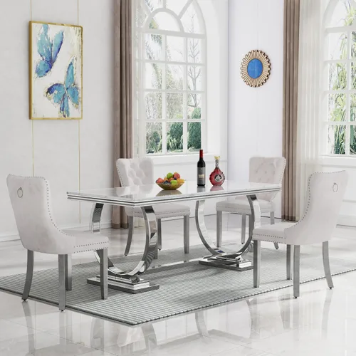Vista 23 de HomVent Juego de mesa de comedor moderna de mármol sintético para 4 personas, mesa de cocina rectangular con 4 sillas beige (dorado)
