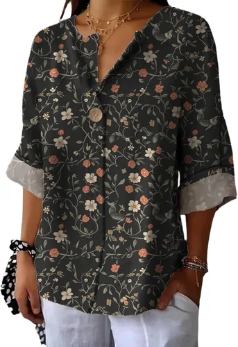 Vista 22 de domirica Camisas de manga corta con cuello en V para mujer, blusas elegantes con estampado floral y ajuste holgado, blusas básicas y cómodas