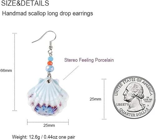 Vista 6 de Aretes colgantes de porcelana con concha de mar para mujer, delicados aretes largos de onda oceánica azul y blanco, aretes colgantes largos, hechos