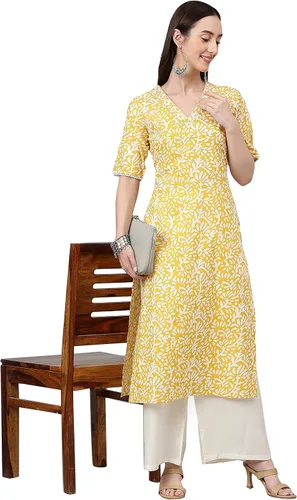 Vista 3 de Janasya Indian Cambric - Pantalones cortos rectos con estampado de algodón amarillo para mujer