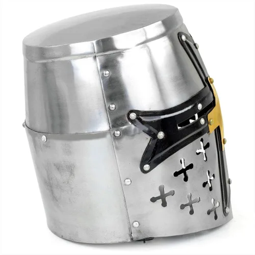 Vista 4 de AnNafi Casco medieval de armadura de caballero de los templarios cruzados con cruz Accesorios de armadura espartana griega romana Yelmo de oro