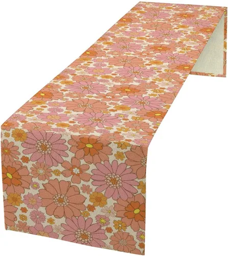 Vista 2 de Camino de mesa de flores de los años 60 y 70, retro, bohemio, hippie, para niños, niñas, fiesta, hogar, cocina, mesa, decoración, 36 x 13 pulgadas