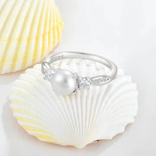 Vista 5 de STARCHENIE Anillos de perlas, anillo de compromiso de boda con nudo celta para mujer, anillo de plata de ley talla 5-10