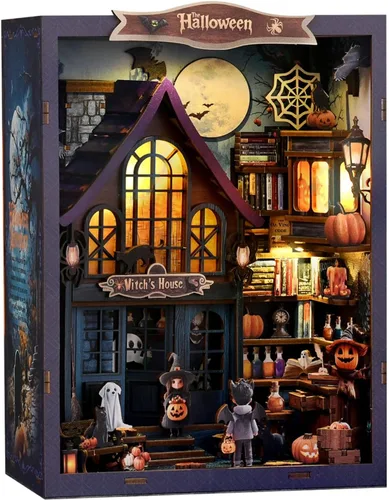 Vista 8 de Kit de rincón de libro de Navidad, casa de muñecas en miniatura 3D, rompecabezas de madera con caja de música, luz LED, regalos de Navidad