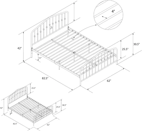 Vista 10 de Novogratz Bushwick - Marco de cama Queen de metal con cabecera ligeramente triangular, husillos insertados, base ajustable para almacenamiento,