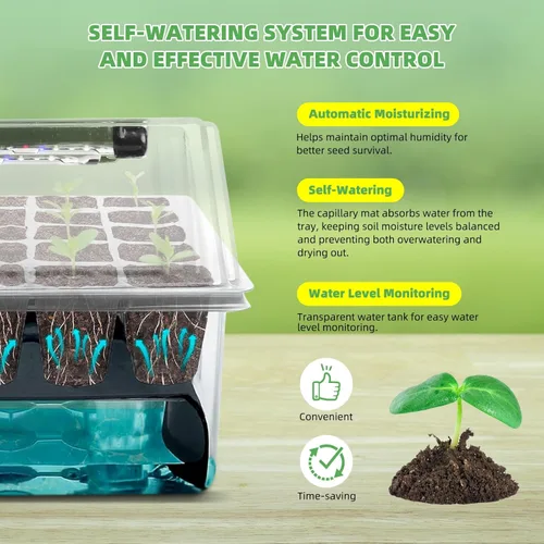 Vista 3 de Bandeja de inicio de semillas – Bandeja de riego automático de 60 celdas, kit de inicio de semillas LED para cultivo, temporizador, cúpula