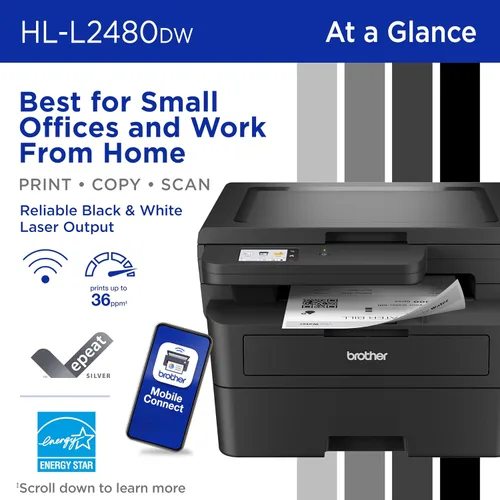 Vista 2 de Impresora láser multifunción compacta inalámbrica HL-L2480DW de Brother, monocromática, con copia y escaneo, dúplex, móvil, en blanco y negro