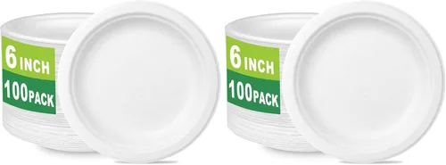 Vista 6 de CantaGreen Platos de postre pequeños compostables de 6 pulgadas, 100 platos de papel desechables biodegradables de caña de azúcar/bagazo y fibra