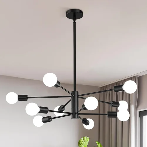 Vista 17 de KAISITE - Candelabro Moderno Sputnik - Candelabro de 6 Luces con Ajuste de Altura, Acabado en Negro y Oro para Cocina, Dormitorio y Vestíbulo