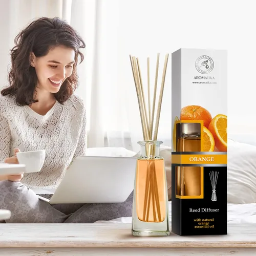 Vista 7 de Difusor de naranja con aceite de naranja, 3.4 onzas líquidas, Fresh Room, fragancia de larga duración, difusor de varillas perfumado naranja, juego