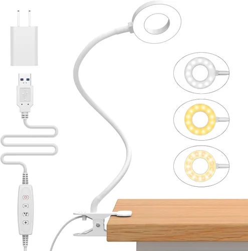 Vista 9 de Lámpara de escritorio iZELL, [3 modos de color y 10 niveles de brillo] luz LED de lectura con abrazadera, brazo flexible de silicona, luz de libro