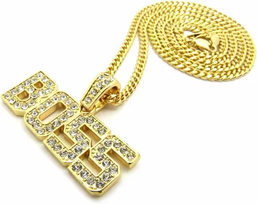 Vista 2 de COLGANTE HELODO BOSS PARA HOMBRES CON CAJA DE ORO CUBANO CADENA DE CUERDA HIP HOP COLLAR