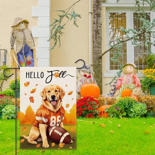Vista 2 de Balgardekor Bandera de jardín de fútbol de otoño Golden Retriever para exteriores, bandera de arpillera de bienvenida para exteriores, decoración