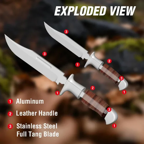 Vista 6 de Mossy Oak Cuchillo Bowie de hoja fija, cuchillo de caza de 2 piezas con mango de cuero con patrón láser, funda incluida
