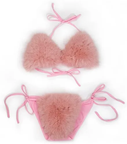 Vista 30 de ZOSCGJMY Conjunto de bikini de dos piezas de piel sintética para mujer Beige
