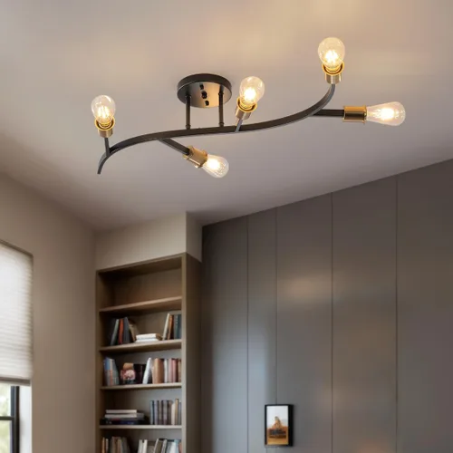 Vista 8 de Lámpara de Araña Sputnik Moderna Negra y Dorada de 3 Luces Semi Empotrada Luminaria de Techo para Entrada, Pasillo, Cocina, Dormitorio