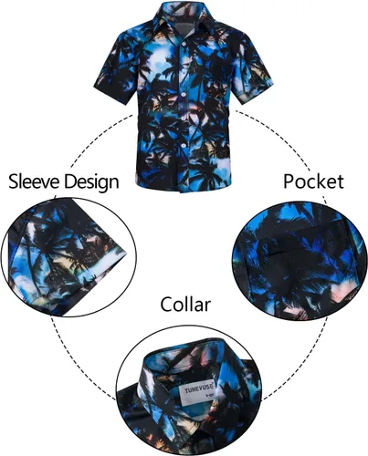Vista 3 de TUNEVUSE Little & Big Boys - Conjunto de camisas hawaianas con botones y pantalones cortos con sombrero de pescador, trajes de verano estampados