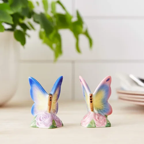 Vista 3 de Cosmos Gifts 20785 Juego de saleros y pimenteros de porcelana fina, diseño de mariposa, 3 pulgadas de alto