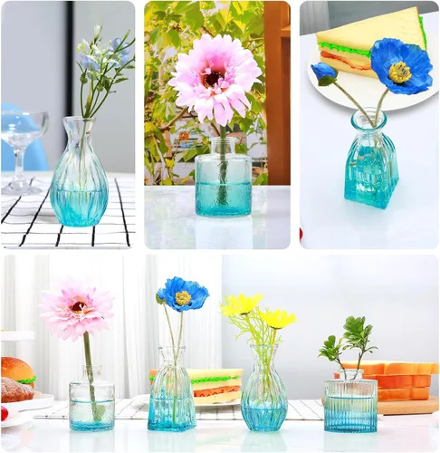 Vista 6 de Juego de jarrones de cristal Mapoxy para brotes de flores, juego de 4, jarrones azules pequeños para centro de mesa de boda, decoraciones de mesa