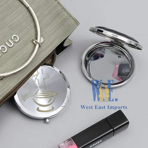 Vista 2 de WE 12 piezas de bautismo compacto espejo recuerdo de primera comunión/bautizo recuerdos/maquillaje de espíritu santo compacto con bolsa decorada