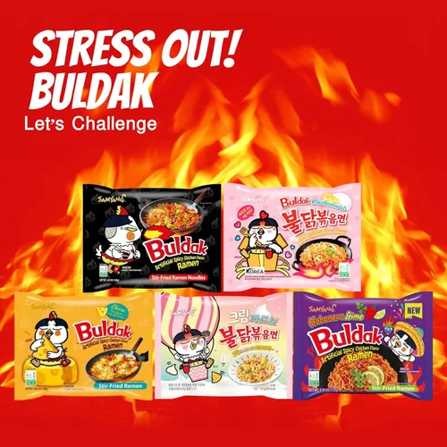 Vista 7 de Buldak Ramen Fideos de 5 sabores surtidos - Original, 2 x picantes, queso, carbonara, jajang - Total 5 unidades (1 paquete cada uno) - Fideos ramen