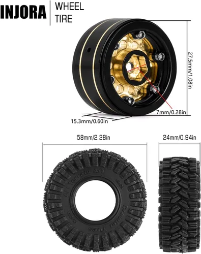 Vista 3 de Juego de neumáticos de rueda Beadlock de 1.0 de latón con revestimiento negro INJORA para Axial SCX24 AX24 TRX4M FCX24, actualización 1/24 1/18