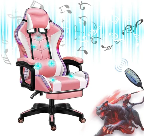 Vista 10 de Silla de juegos para adultos con reposapiés y masaje, silla de videojuegos con altavoces y luces LED RGB, piel sintética, sillas ergonómicas