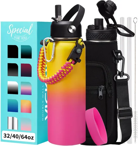 Vista 16 de Botellas de agua de 32 onzas aisladas con pajita y tapa para beber de un sorbo, asa de paracord, bolsa de transporte con correa, termo de triple