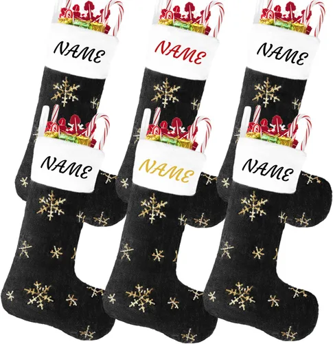 Vista 19 de Calcetines negros de piel sintética de Navidad, 1 paquete grande de 22 pulgadas, medias colgantes de felpa negra con nombre personalizado con copos