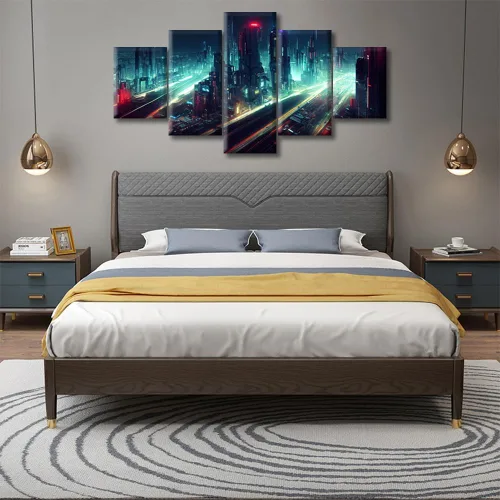 Vista 20 de Cuadros de 5 paneles de Cyberpunk City, arte de pared, representación de vallas publicitarias, edificios modernos en la capital con obras de arte