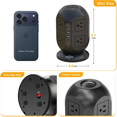 Vista 7 de AiJoy Torre de regleta de protección contra sobretensiones con 8 tomas, 4 puertos USB (1 USB-C), cable de extensión plano de 10 pies con múltiples