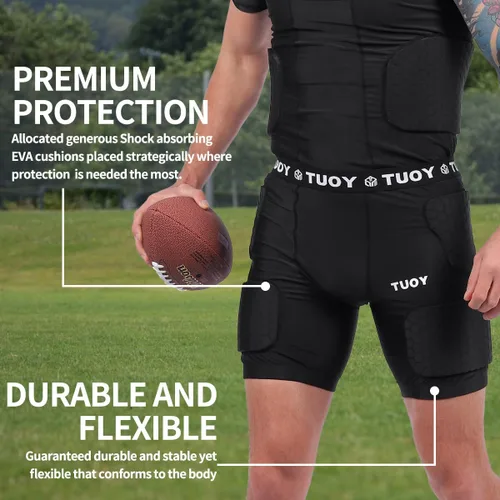 Vista 7 de Faja de fútbol acolchada para hombre, 5 almohadillas, almohadillas de fútbol integradas con protector de muslos para fútbol y béisbol