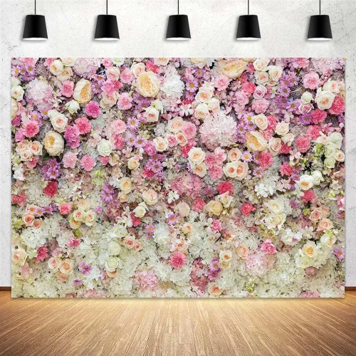 Vista 19 de Telón de fondo de flores de primavera de 5 x 3 pies para sesión de fotos de flores rosas y flores, decoración de fiesta de té, telón de fondo