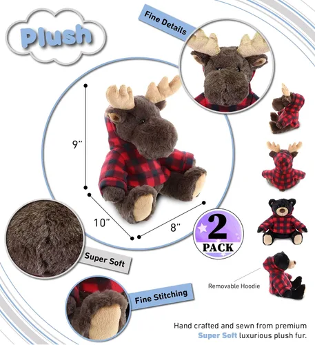 Vista 3 de DolliBu Oso negro y alce de felpa con capucha a cuadros rojos, suave y abrazable, adorable peluche de zoológico con ropa, lindo regalo de vida