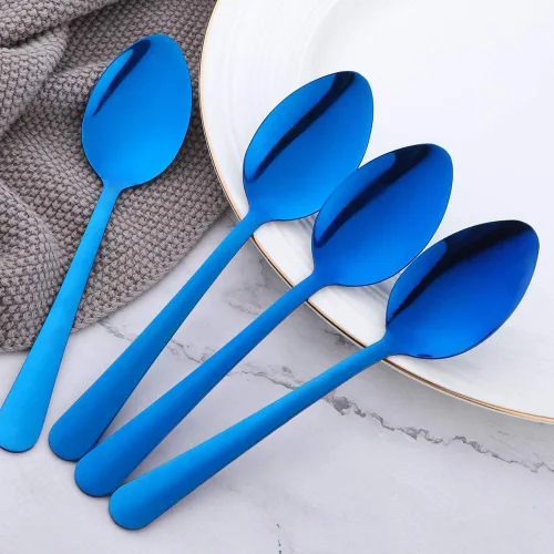 Vista 7 de MINGYU Juego de 12 cucharas de acero inoxidable – Cucharas de sopa de mesa azul, cuchara de titanio de 7 pulgadas para comer, cucharada apta
