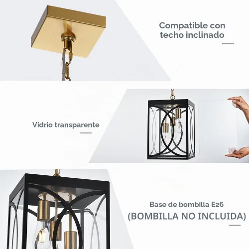 Vista 7 de Lámparas colgantes para exteriores, moderna linterna colgante exterior de 3 luces, panel de cristal transparente, candelabro grande negro para Negro