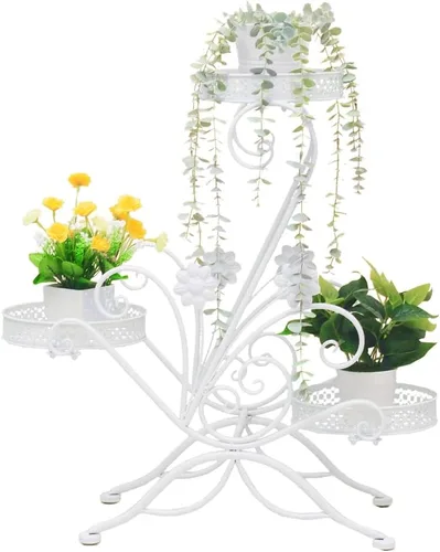 Vista 8 de Soporte para plantas de 3 niveles, estantes de metal para flores, soporte de exhibición de plantas para interiores y exteriores, soporte para macetas