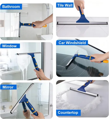 Vista 6 de Escobilla de ducha giratoria de 12 pulgadas para puertas de vidrio, escobilla multiusos con gancho y hoja de goma de repuesto, herramienta de Azul