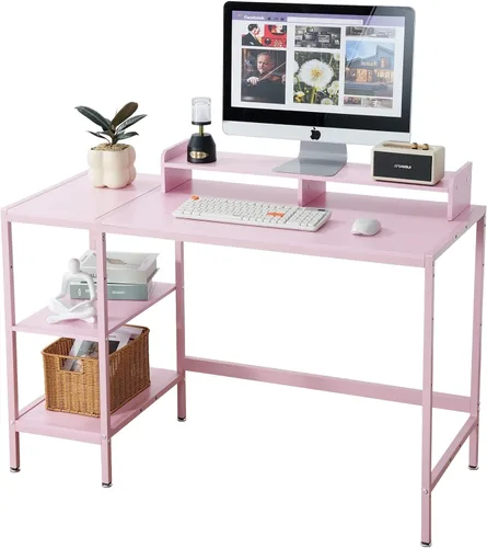 Vista 11 de Escritorio para computadora de 55 pulgadas con estante de almacenamiento - Rosa, ideal para dormitorios, espacios pequeños y oficinas en casa